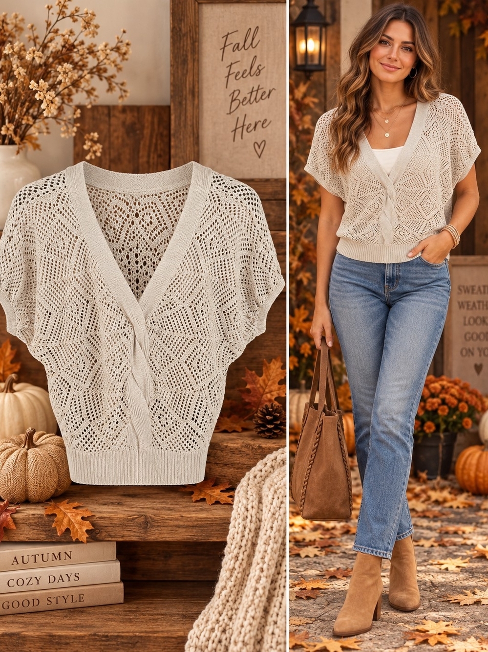 Takeout Open-Knit V-Neck Short Sleeve Sweater in Light Gray Size M
